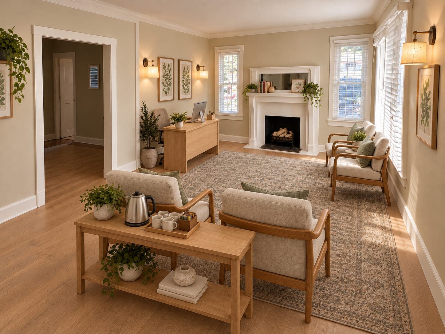 Planned waiting room at the Murfreesboro center: warm lamps, a fireplace and soft chairs.